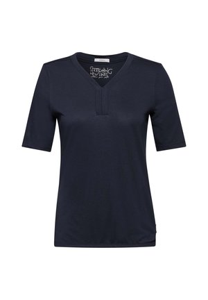 Mörkblå t-shirt med kort ärm och v-ringning, med en slits vid halsringningen, tillverkad av mjukt tyg, med avslappnad passform och minimalistisk design.