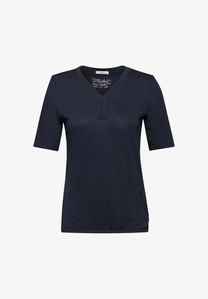 Marineblauw t-shirt met korte mouwen en een v-hals, met een split bij de halslijn, gemaakt van een gladde stof, met een relaxte fit en een minimalistisch ontwerp.