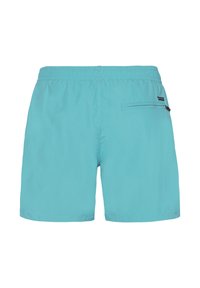 Turquoise herenzwembroek met elastische tailleband en een klein ritszakje aan de rechter achterkant.