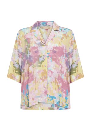 Košile s krátkým rukávem a límečkem vyrobená z lehkého materiálu má mnohobarevný abstraktní vzor s růžovými, žlutými, zelenými a modrými odstíny.