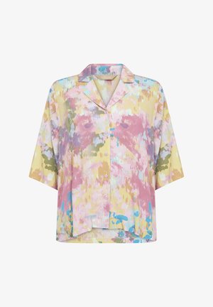 Rövid ujjú, galléros ing könnyű anyagból készült, amely színes absztrakt mintával rendelkezik, rózsaszín, sárga, zöld és kék árnyalatokban.