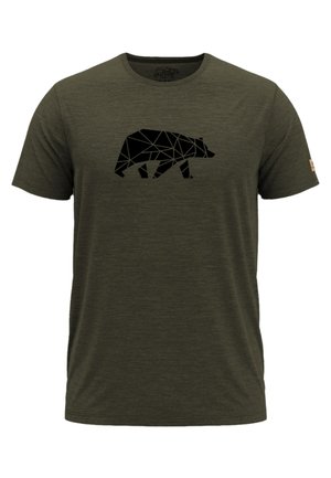 Dunkelolivgrünes T-Shirt mit kurzen Ärmeln und schwarzem, geometrischem Bärdesign in der Mitte der Brust.