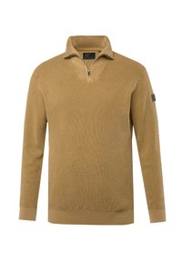 Strickpullover in braun-beigem Farbton mit einem Reißverschlusskragen, der ein strukturiertes Muster sowie gerippte Bündchen und Saum aufweist. Subtiler Branding-Aufdruck am Ärmel.