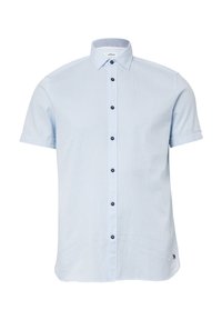 Camicetta azzurra chiara a maniche corte con chiusura a bottoni, bottoni blu navy, colletto a punte e una finitura testurizzata. Presenta un piccolo logo all'orlo.