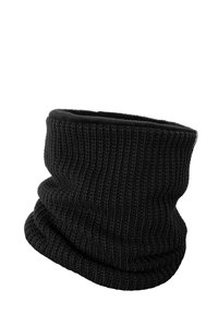 Black knitted neck warmer with a ribbed texture, featuring a soft interior lining and a flexible, tubular shape for comfort.