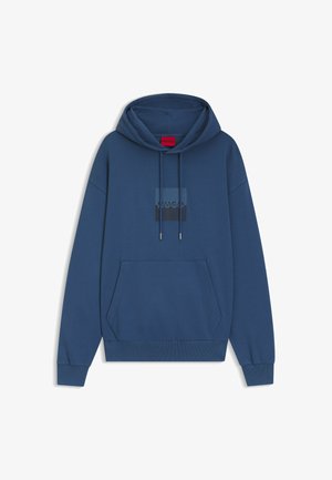 Hugo blue hooded sweatshirt with a front pocket, drawstring, and tonal logo print. Features ribbed cuffs and hem for structure.