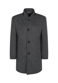 Grau melierter Wollmischmantel mit Stehkragen, versehen mit fünf schwarzen Knöpfen, zwei seitlichen Taschen und einem geraden Schnitt.