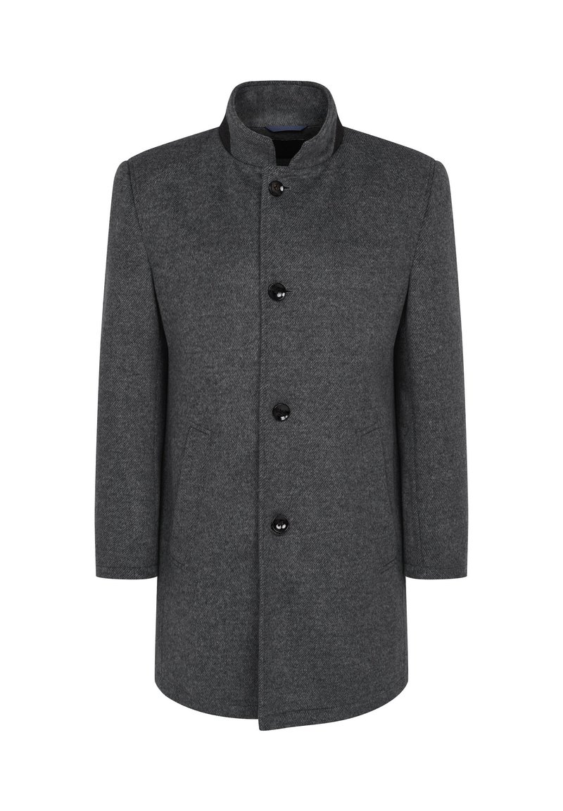 Cappotto grigio in misto lana con colletto alla mandarino, dotato di cinque bottoni neri, due tasche laterali e un design dritto.
