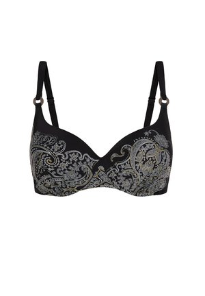 Czarny biustonosz z cienkimi regulowanymi ramiączkami i srebrnymi wzorami paisley na miseczkach, z małymi metalowymi kółkami na ramiączkach.