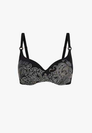 Czarny biustonosz z cienkimi regulowanymi ramiączkami i srebrnymi wzorami paisley na miseczkach, z małymi metalowymi kółkami na ramiączkach.