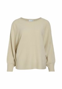 Beżowy sweter prążkowany z szerokim dekoltem, rękawami typu dolman i luźnym krojem. Miękka tekstura, lekki materiał, brak widocznych elementów metalowych lub wzorów.