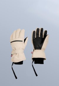 Beiga isolerade handskar med svart texturerad innerhand, handledsremmar och en zipficka på ena handsken. Elastiska mudd ger en säker passform.