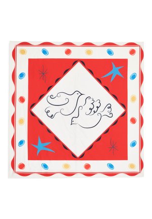 Foulard quadrato con colori rosso, bianco e blu, con due uccelli stilizzati neri disegnati a linee al centro e punti decorativi e stelle intorno al bordo.