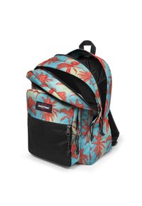 Zaino con un motivo di foglia di palma tropicale, caratterizzato da uno sfondo blu, una tasca frontale in rete nera e doppie cerniere sul compartimento principale.