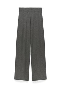 Pantaloni a gamba larga in tessuto grigio scuro, con superficie liscia e cintura elastica, che offrono una vestibilità ampia e confortevole.
