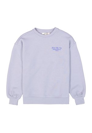 Lila sweatshirt met lange, opgeblazen mouwen, geribbelde manchetten en zoom, met "Grand Hope Park" en "Downtown LA" geborduurd in het blauw.