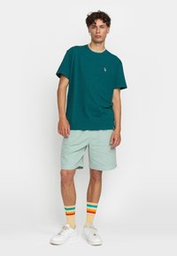Teal kortaf T-shirt, van een katoenmix, met een klein logo. Gekoeld met lichtgroene shorts, witte sneakers en veelkleurige gestreepte sokken.