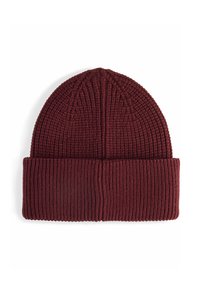 Burgundy knitted beanie with a ribbed texture and foldable cuff, designed to fit snugly on the head.