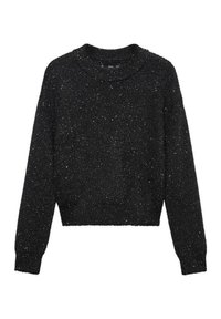 Czarny krótki sweter wykonany z fakturowanej dzianiny z srebrnymi połyskami. Posiada okrągły dekolt oraz ściągacze na rękawach i u dołu.