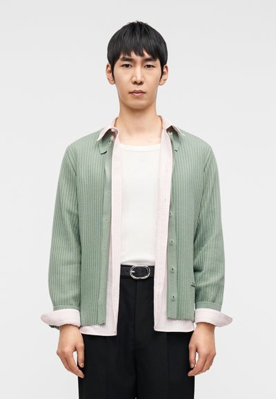 Ανοιχτό πράσινο, πλεκτή ζακέτα πάνω από ανοιχτό ροζ πουκάμισο με κουμπιά και λευκό κολλητό μπλουζάκι. Μαύρη ζώνη με ασημένια οβάλ πόρπη. Απλό φόντο.