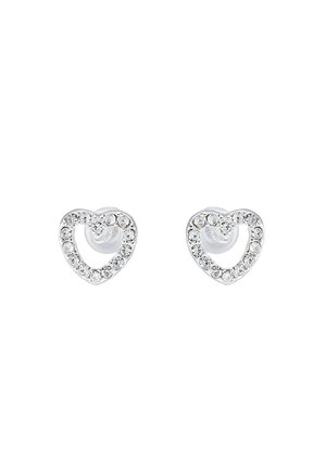 Pair of silver heart-shaped stud earrings encrusted with small clear crystals on a white background.