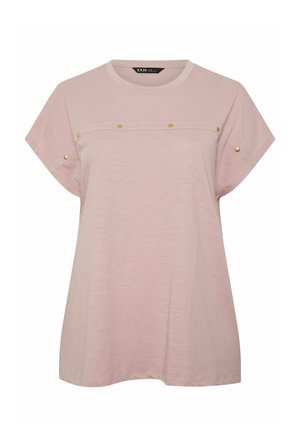 Light pink short-sleeve top with round neckline, loose fit, and gold-tone button details along chest and sleeves.