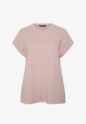 Light pink short-sleeve top with round neckline, loose fit, and gold-tone button details along chest and sleeves.