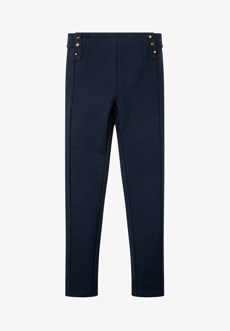 Pantalon bleu marine taille haute à jambes slim, doté de deux pattes latérales avec des boutons dorés près de la ceinture.