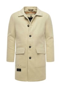 Beige gyapjúkeverék kabát gombos elülső résszel, kivágott gallérral, két elülső zsebbel és márkajelzéssel a szegélyen. Simább textúrájú, térd hosszúságú kialakítás.