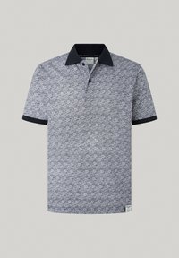 Polo tričko s krátkým rukávem v námořnické modré a bílé, s geometrickým vzorem, kontrastním límcem a tkanou nášivkou na spodním lemu.