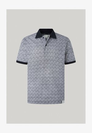 Polo majica s kratkimi rokavi v navy in belem, z geometrijskim vzorcem, kontrastnim ovratnikom in tkano nalepko na robu.