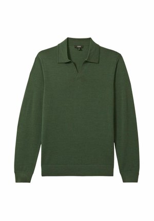 Polo cu mâneci lungi de culoare verde închis, realizat dintr-un material texturat moale. Are un guler clasic și o croială largă, cu manșete și tiv cu nervuri.