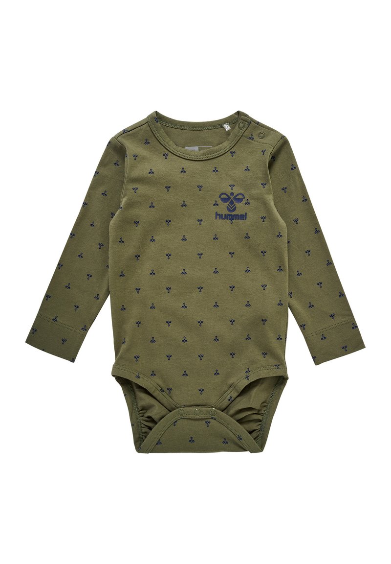 Långärmad baby bodysuit i olivgrön med marinblå mönstrade detaljer och en logotyp fram, med tryckknappar i botten och mjukt tyg.