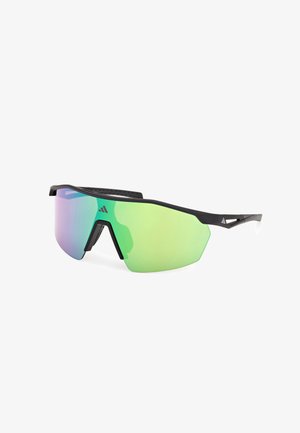 Gafas de sol deportivas envolventes con montura negra y lentes reflectantes verde-púrpura, con un pequeño logo de Adidas en la lente y la patilla.
