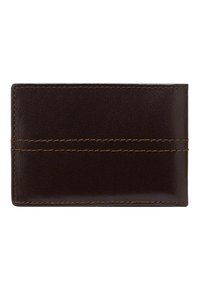 Étui à cartes en cuir marron avec une texture lisse, de forme rectangulaire, et des détails de surpiqûre contrastants. Design minimaliste, sans marque visible.