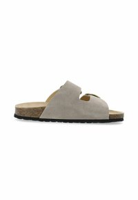 Gray suede slide sandal with two cut-outs, cork footbed, and textured black outsole. Minimalist design with a streamlined shape.
