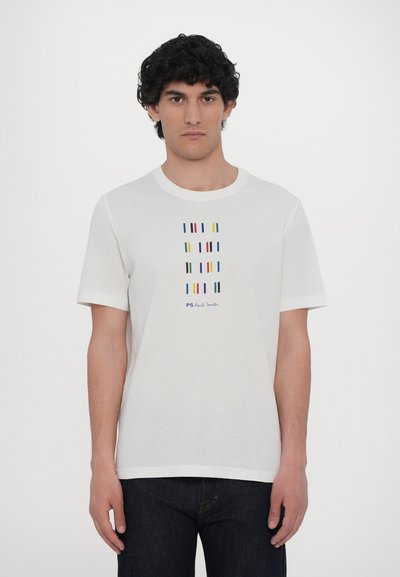 White short-sleeve t-shirt featuring a colorful geometric pattern on the front, with a round neckline and soft fabric texture.
