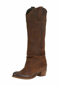 Bruine suède kniehoge laars met een afgeronde neus, slouchy bovenkant en een gestapelde hak. Opvallende stikseldetails accentueren het ontwerp.