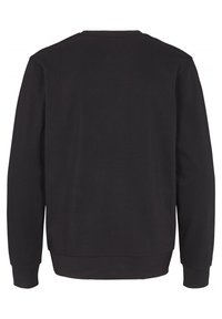 Sudadera negra de manga larga, cuello redondo y puños y dobladillo acanalados. Fabricada con una tela suave de textura lisa. Diseño liso, sin patrones.