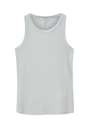 Jasnoszary prążkowany top bez rękawów z okrągłym dekoltem, wykonany przez AllSaints, przedstawiony na jednolitym białym tle.