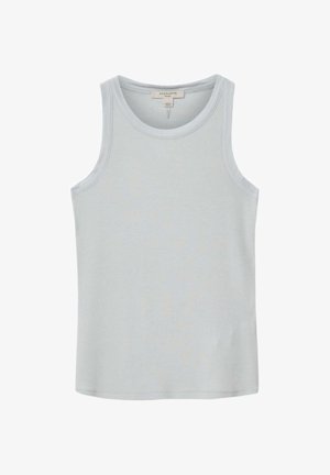 Jasnoszary prążkowany top bez rękawów z okrągłym dekoltem, wykonany przez AllSaints, przedstawiony na jednolitym białym tle.