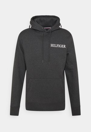 Haut à capuche gris foncé avec cordons, poche avant et logo texte blanc "HILFIGER" sur la poitrine. Tissu doux et coupe standard.