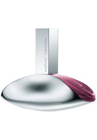 Calvin Klein Euphoria tuoksupullon muotoilu, jossa on tyylikäs hopeinen soikea pohja, jossa on vaaleanpunainen yksityiskohta, sekä suorakulmainen hopeinen korkki.