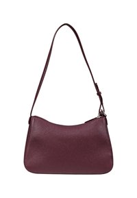 Borsa a spalla in pelle bordeaux con forma arrotondata, tracolla regolabile, superficie testurizzata e chiusura con zip. Design minimalista con linee pulite.