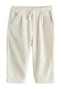 Pantalon en velours côtelé crème clair avec une texture côtelée, taille élastique et cordon de serrage. Comprend deux poches latérales et des revers ourlés.