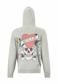 Light grey hoodie with a skull graphic, heart, and decorative leaves. Features ribbed cuffs and hem. Print includes the text "KILLS SLOWLY."