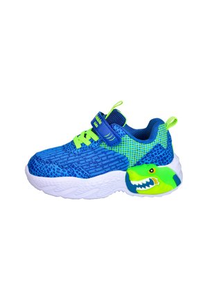 Zapatilla infantil en azul y verde con cordones verde neón, diseño de dinosaurio en el talón y cierre de velcro.