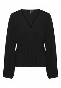 Maglietta nera a maniche lunghe con scollatura a V, vita arr gathered e dettagli con bottoni. Realizzata in tessuto testurizzato con busto aderente e orlo svasato.