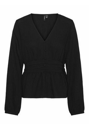 Haut noir à manches longues avec un décolleté en V, taille froncée et détails de boutons. Fabriqué en tissu texturé avec un corsage ajusté et un ourlet évasé.