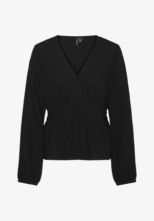 Haut noir à manches longues avec un décolleté en V, taille froncée et détails de boutons. Fabriqué en tissu texturé avec un corsage ajusté et un ourlet évasé.